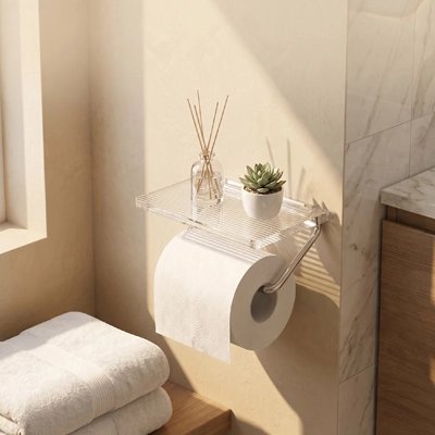 Porte papier toilette mural avec tablette de rangement dans une salle de bain élégante