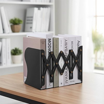 Serre livres noir avec design accordéon pour maintenir les livres en place.