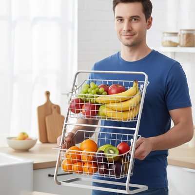 Corbeille a fruits en métal à deux étages offrant un rangement pratique pour les fruits
