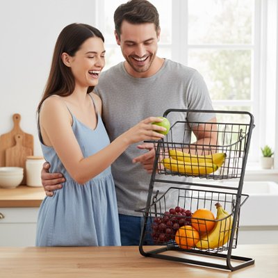 Corbeille a fruits moderne avec deux paniers pour un rangement optimisé.