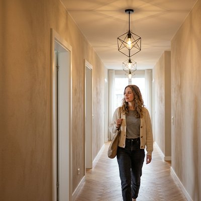 couloir éclairé par une suspension luminaire géométrique moderne