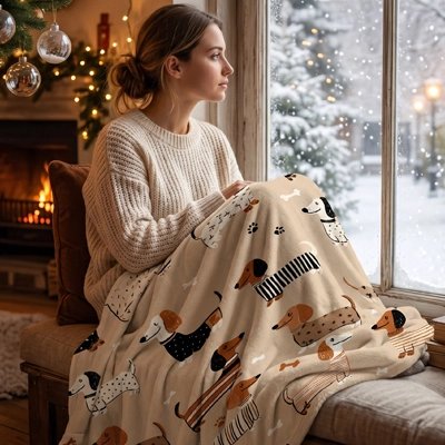  Couverture polaire beige avec motif de chiens près d'une fenêtre.