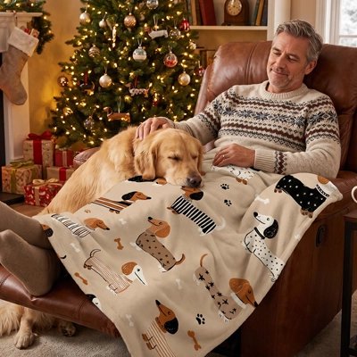 Couverture polaire en flanelle beige avec motif de chiens.