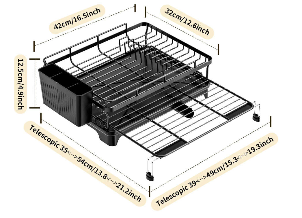 Égouttoir à vaisselle extensible avec dimensions et réglage télescopique