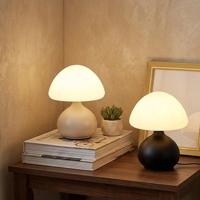 Lampe champignon sur table de chevet.
