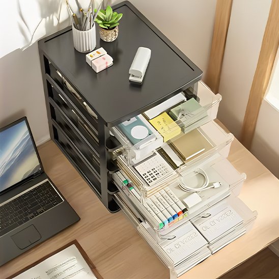 Organisateur de bureau en plastique avec plusieurs tiroirs pour un accès facile aux fournitures.