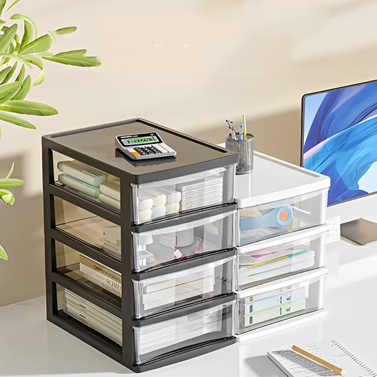 Organisateur de bureau multifonction avec tiroirs transparents pour un rangement pratique.