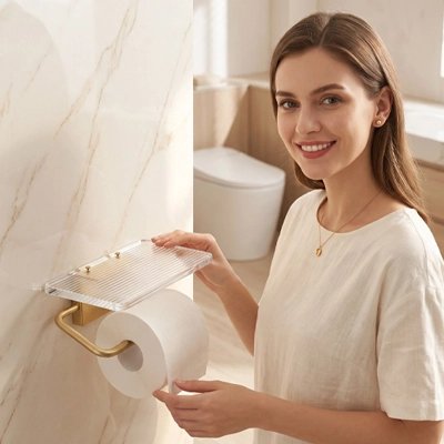 Porte papier toilette mural avec tablette en acrylique transparent et support doré