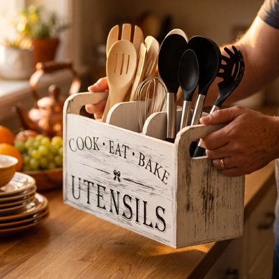 Pot ustensiles Cuisine en bois au style vintage.