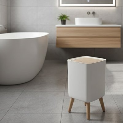 Poubelle salle de bain compacte pour salle de bain avec finition blanche et couvercle effet bois.