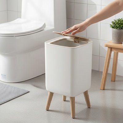 Poubelle salle de bain sur pieds en bois, au style moderne et minimaliste.