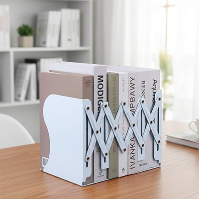 Serre livres ajustable blanc idéal pour ranger livres et documents.
