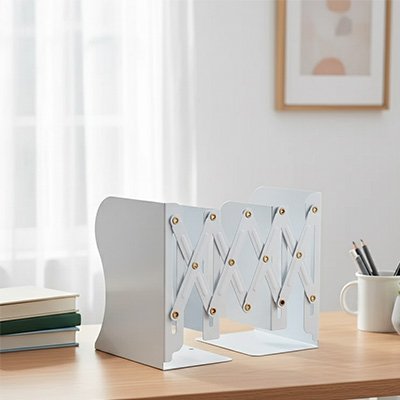 Serre livres extensible blanc maintenant des livres sur un bureau moderne.