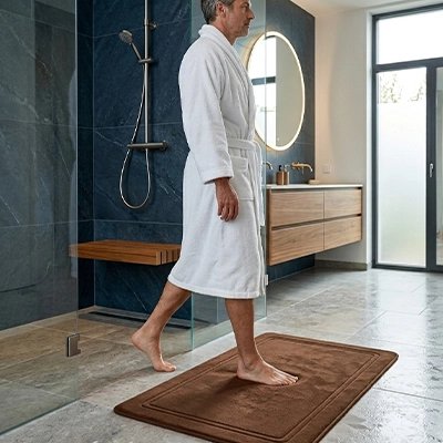 Tapis salle de bain épais et absorbant avec surface douce pour un confort optimal après la douche.