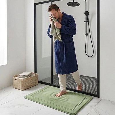 Tapis salle de bain vert doux et antidérapant, idéal pour une sortie de douche en toute sécurité