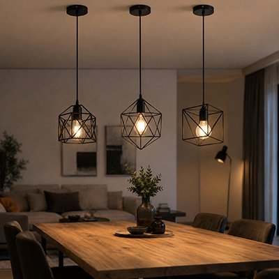 Trois suspensions luminaires géométriques éclairent une salle à manger
