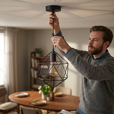 Un homme installe une suspension  luminaire géométrique au-dessus d’une table.