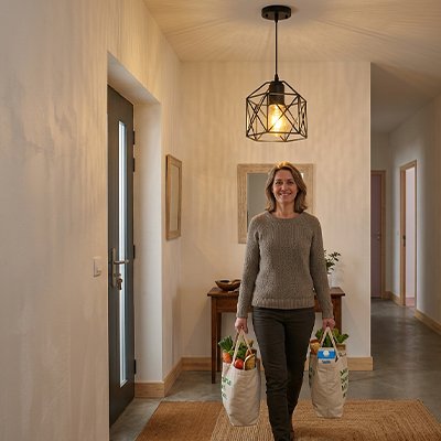 Une suspension luminaire géométrique éclaire un couloir moderne.